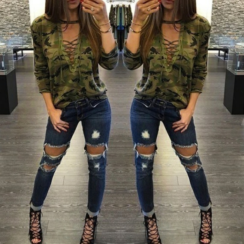 Classic Camo Deep V Tie-Up Pullover Top